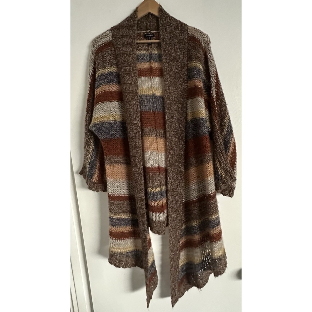 Splendid Boho Knit Open Front Cardigan Stripes Neutral Fall colors Wool Blend